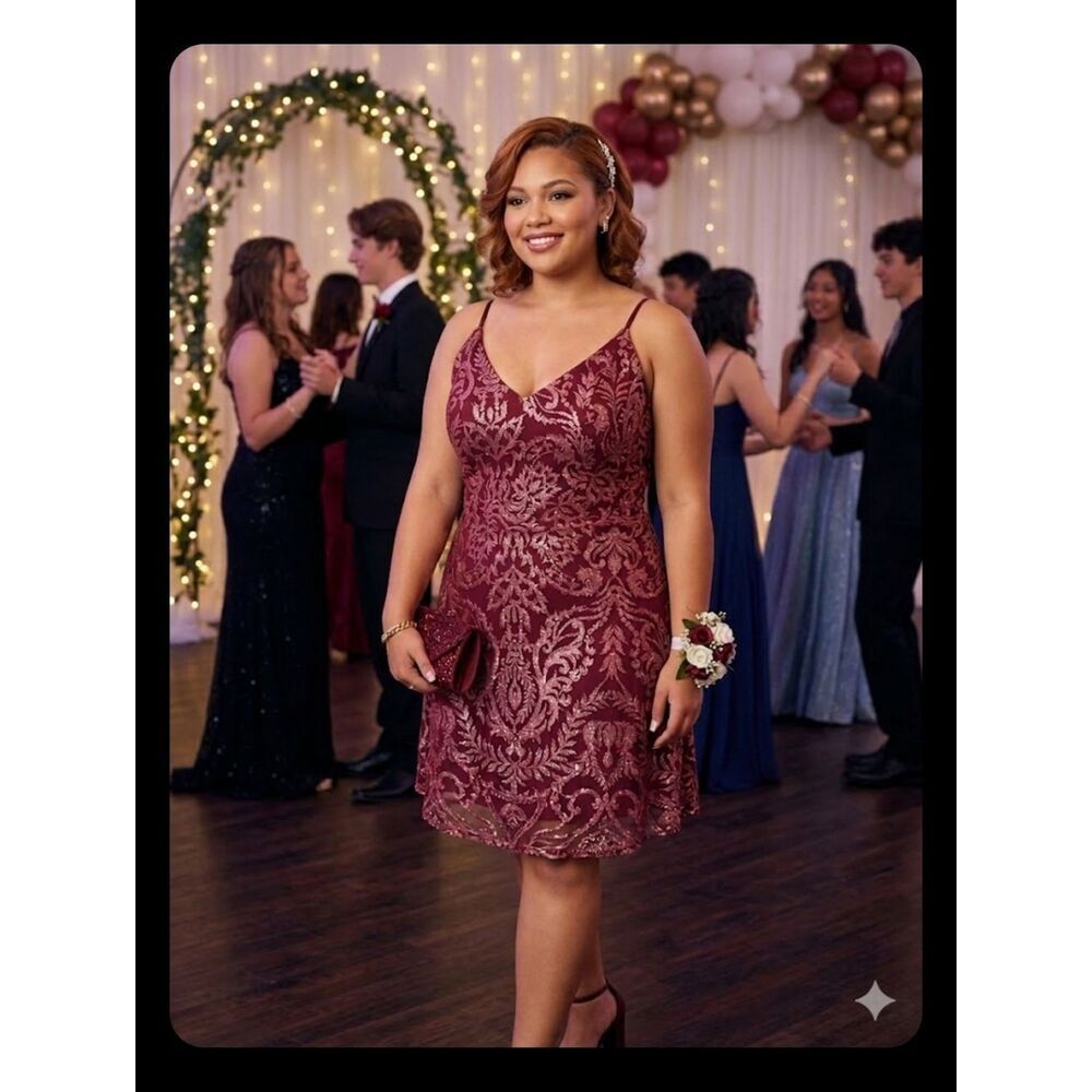 Speechless Dress Sz 16W Wine with  Gold Glitter